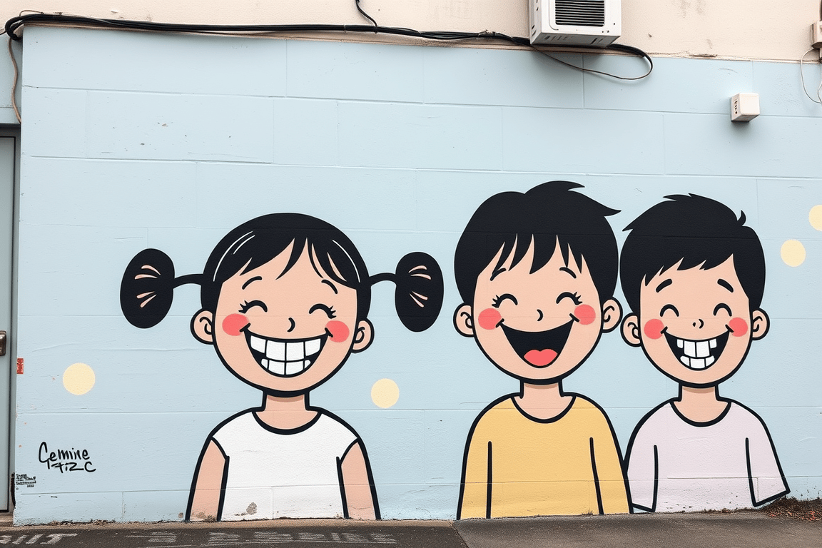 Children with healthy teeth in street art style